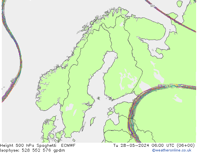 Height 500 hPa Spaghetti ECMWF Tu 28.05.2024 06 UTC