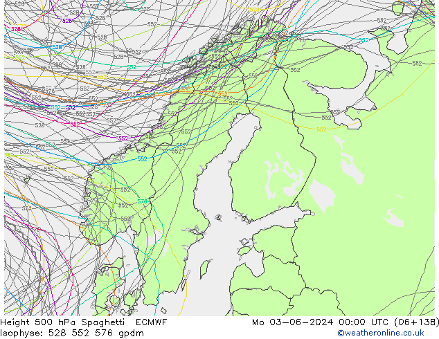 Height 500 hPa Spaghetti ECMWF Mo 03.06.2024 00 UTC