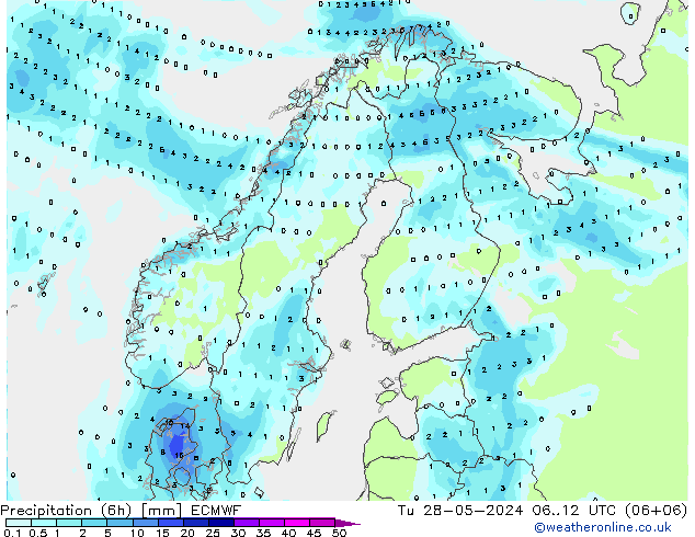 Precipitazione (6h) ECMWF mar 28.05.2024 12 UTC