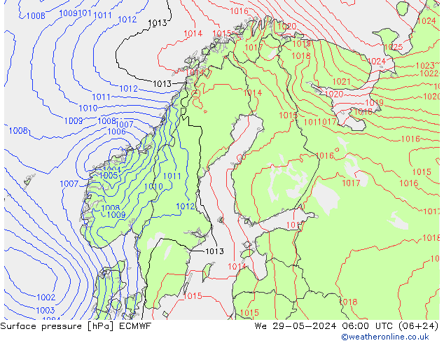 Presión superficial ECMWF mié 29.05.2024 06 UTC