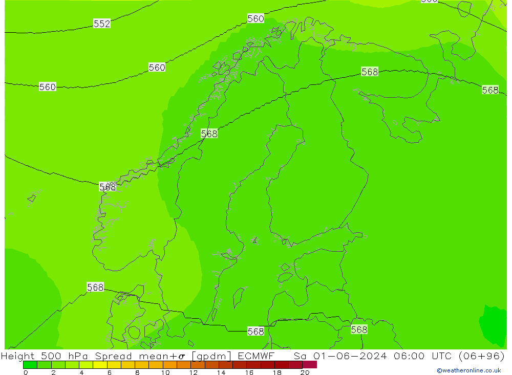 Height 500 гПа Spread ECMWF сб 01.06.2024 06 UTC