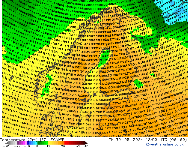 Temperatuurkaart (2m) ECMWF do 30.05.2024 18 UTC