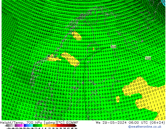 Height/Temp. 700 hPa ECMWF Mi 29.05.2024 06 UTC