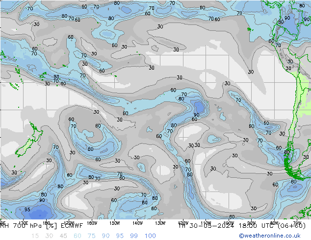 RH 700 hPa ECMWF gio 30.05.2024 18 UTC