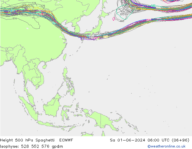 Height 500 hPa Spaghetti ECMWF Sa 01.06.2024 06 UTC