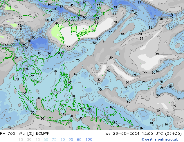 Humidité rel. 700 hPa ECMWF mer 29.05.2024 12 UTC