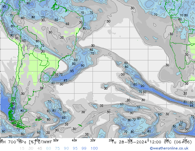 Humedad rel. 700hPa ECMWF mar 28.05.2024 12 UTC