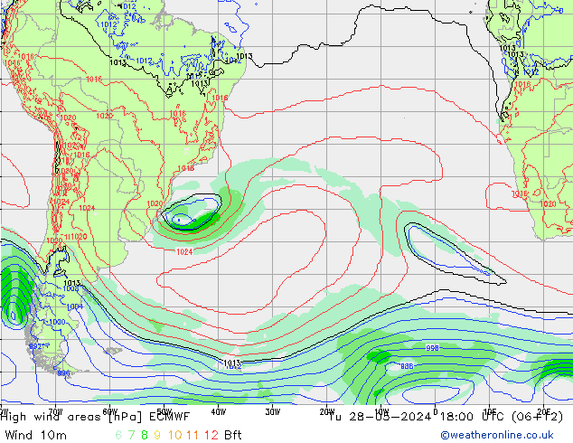 High wind areas ECMWF Út 28.05.2024 18 UTC