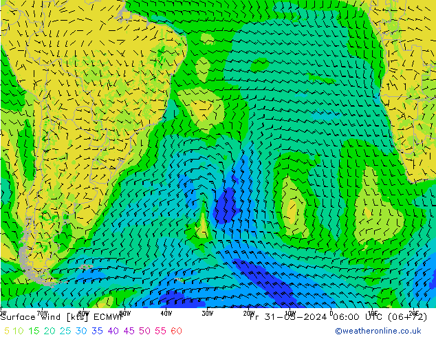 Surface wind ECMWF Pá 31.05.2024 06 UTC