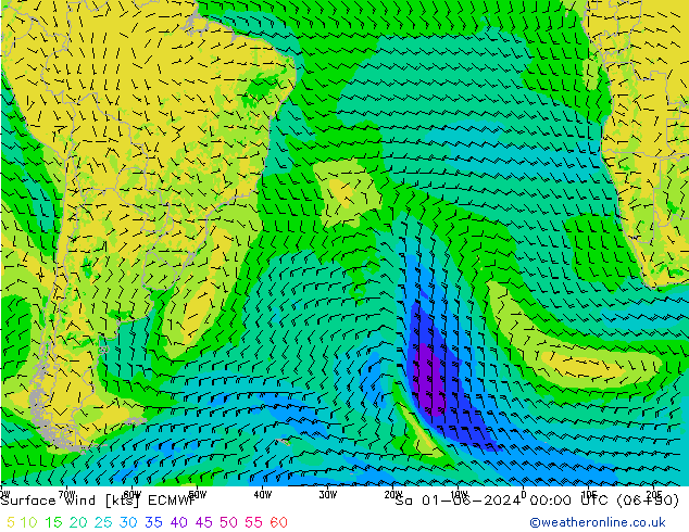 wiatr 10 m ECMWF so. 01.06.2024 00 UTC