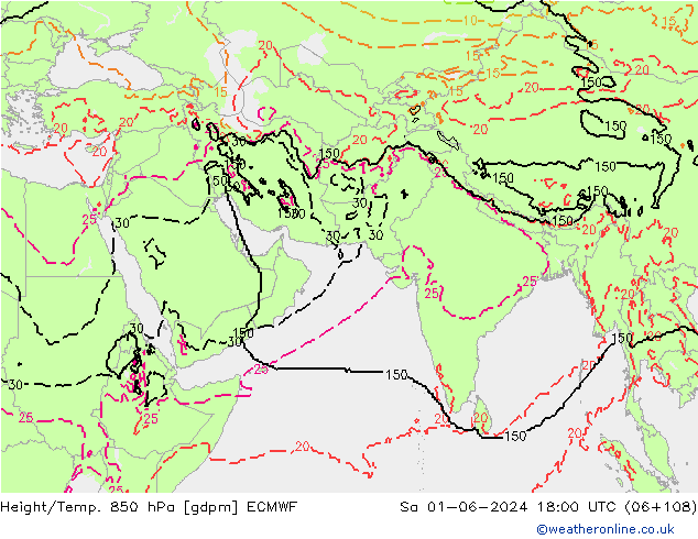 Height/Temp. 850 hPa ECMWF So 01.06.2024 18 UTC