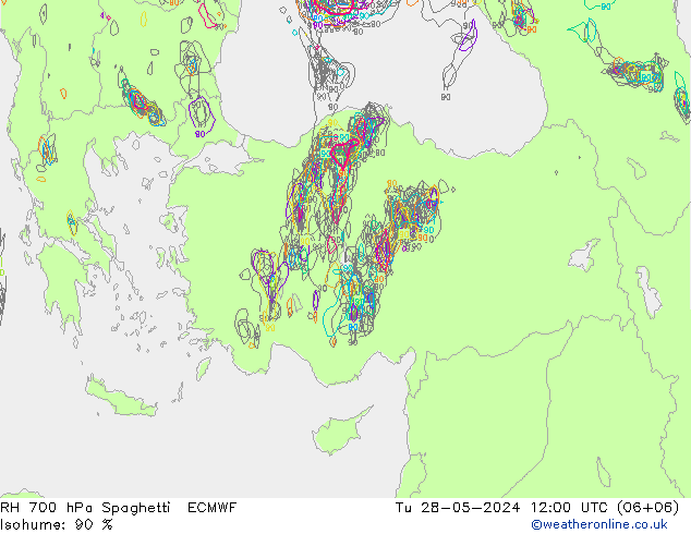 RH 700 hPa Spaghetti ECMWF mar 28.05.2024 12 UTC