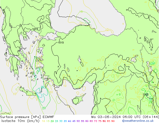 Isotachs (kph) ECMWF Mo 03.06.2024 06 UTC