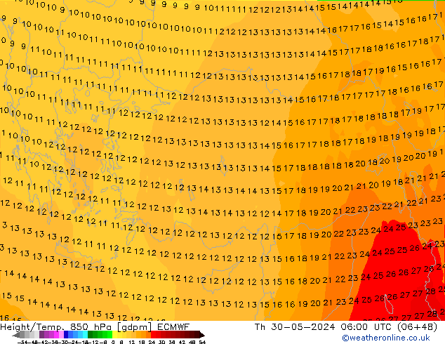 Height/Temp. 850 hPa ECMWF czw. 30.05.2024 06 UTC