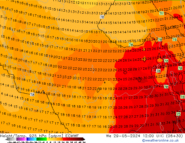 Geop./Temp. 925 hPa ECMWF mié 29.05.2024 12 UTC