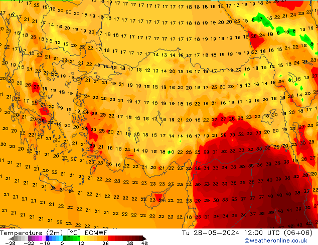 Temperature (2m) ECMWF Tu 28.05.2024 12 UTC