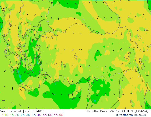 Surface wind ECMWF Čt 30.05.2024 12 UTC