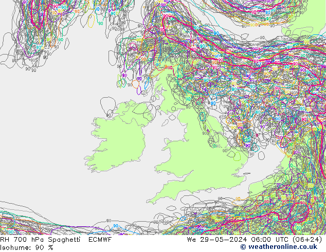 RH 700 hPa Spaghetti ECMWF śro. 29.05.2024 06 UTC