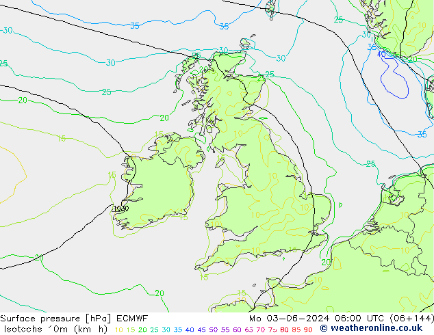 Isotachs (kph) ECMWF пн 03.06.2024 06 UTC