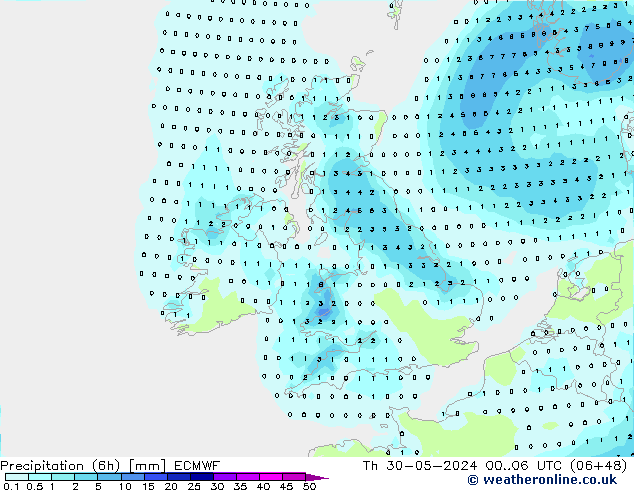 Totale neerslag (6h) ECMWF do 30.05.2024 06 UTC