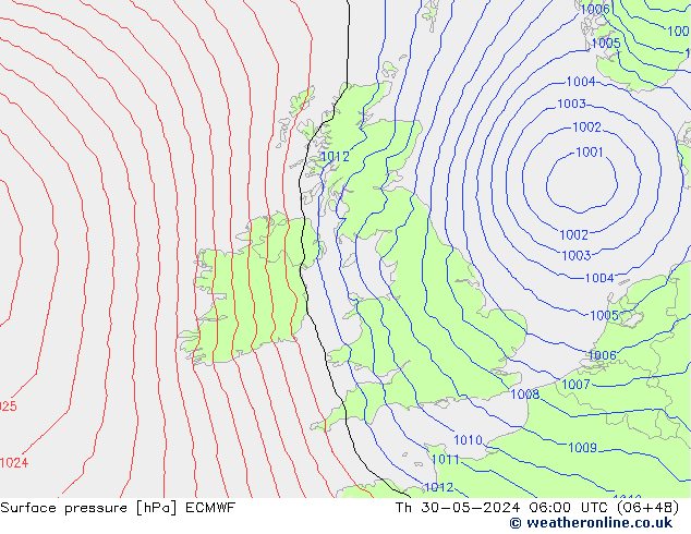 pressão do solo ECMWF Qui 30.05.2024 06 UTC