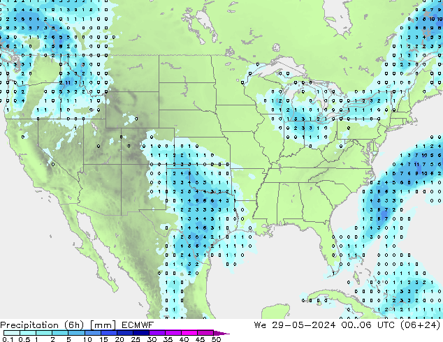 Totale neerslag (6h) ECMWF wo 29.05.2024 06 UTC