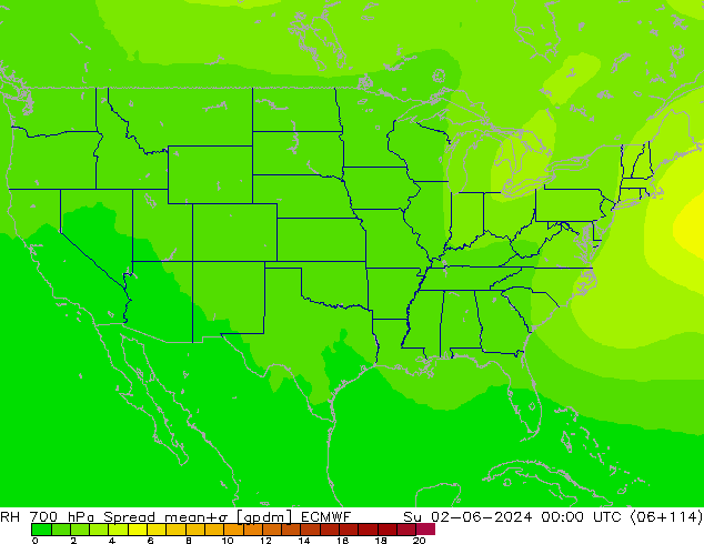 Humedad rel. 700hPa Spread ECMWF dom 02.06.2024 00 UTC