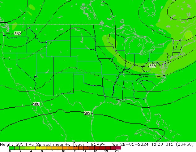 Height 500 hPa Spread ECMWF śro. 29.05.2024 12 UTC