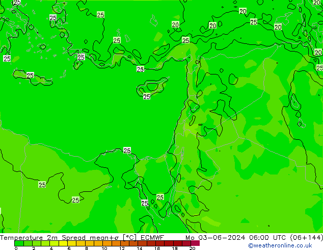 mapa temperatury 2m Spread ECMWF pon. 03.06.2024 06 UTC