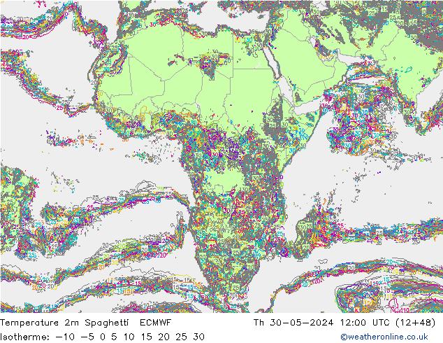 Temperatura 2m Spaghetti ECMWF gio 30.05.2024 12 UTC