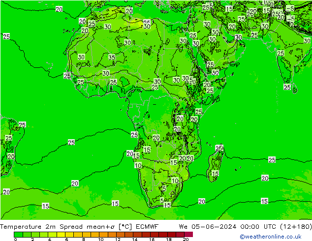 Temperatura 2m Spread ECMWF mié 05.06.2024 00 UTC