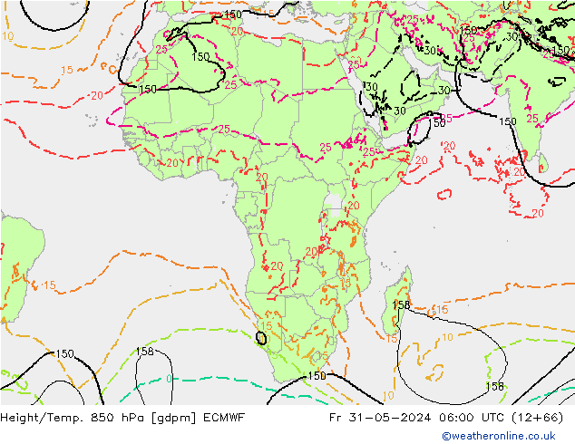 Geop./Temp. 850 hPa ECMWF vie 31.05.2024 06 UTC