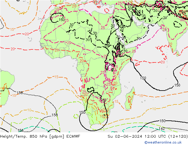 Geop./Temp. 850 hPa ECMWF dom 02.06.2024 12 UTC