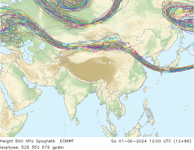 Height 500 hPa Spaghetti ECMWF So 01.06.2024 12 UTC