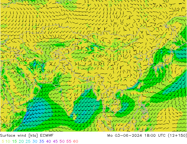 wiatr 10 m ECMWF pon. 03.06.2024 18 UTC