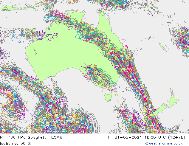 RH 700 гПа Spaghetti ECMWF пт 31.05.2024 18 UTC