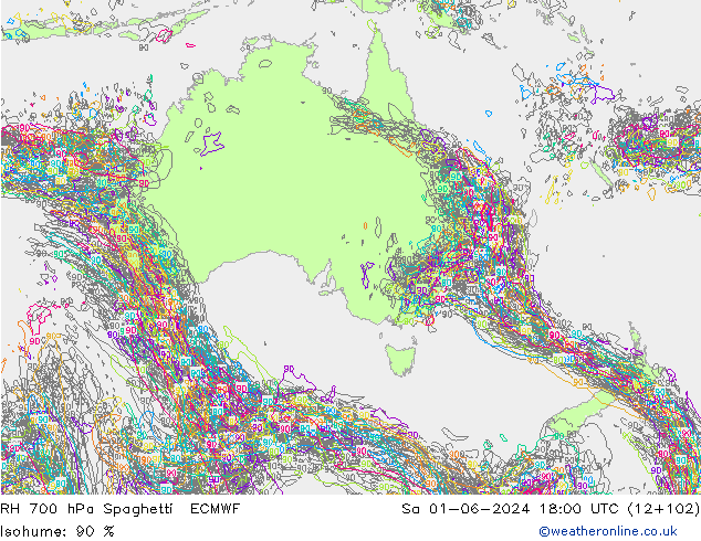 Humedad rel. 700hPa Spaghetti ECMWF sáb 01.06.2024 18 UTC