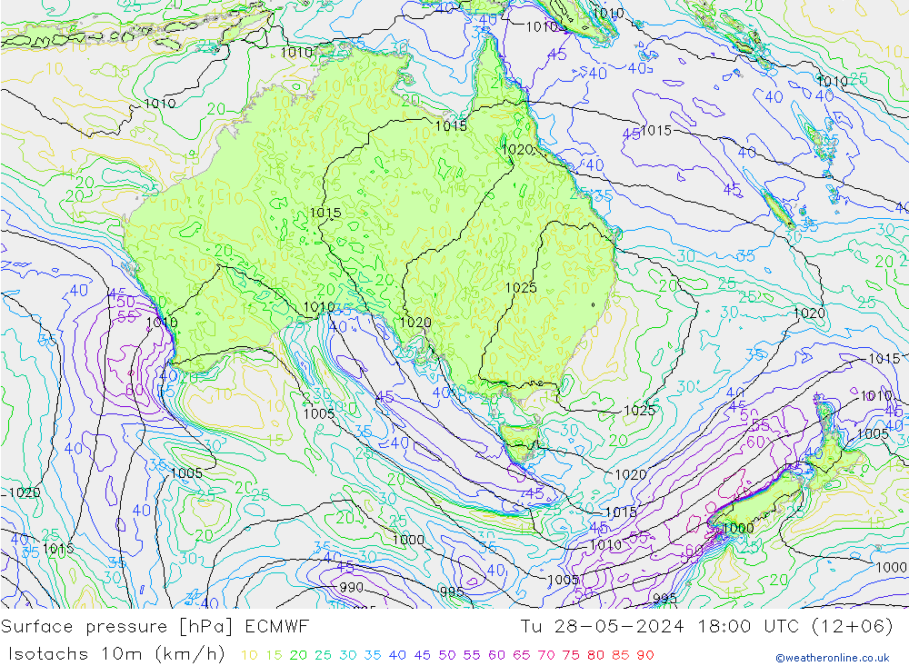 Isotachs (kph) ECMWF mar 28.05.2024 18 UTC
