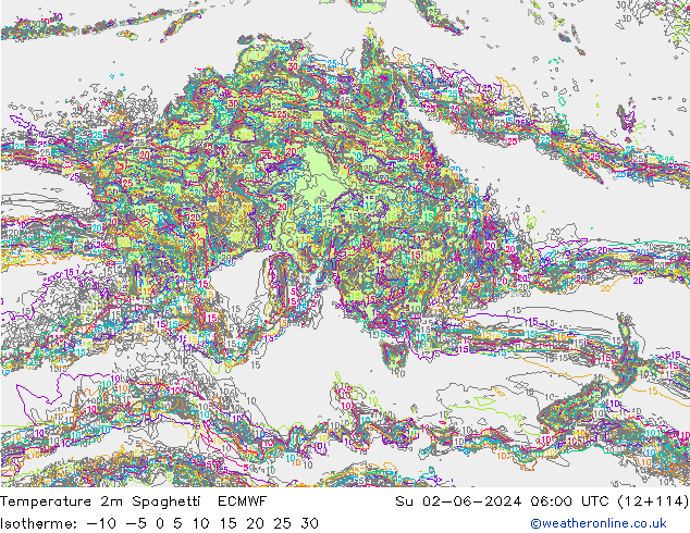 Temperatura 2m Spaghetti ECMWF dom 02.06.2024 06 UTC