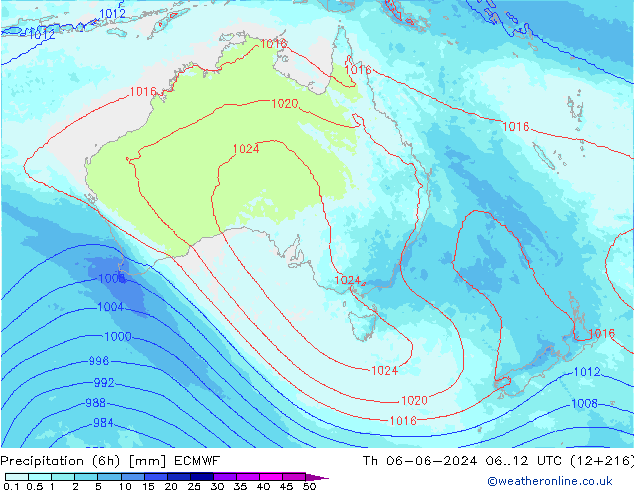 Totale neerslag (6h) ECMWF do 06.06.2024 12 UTC