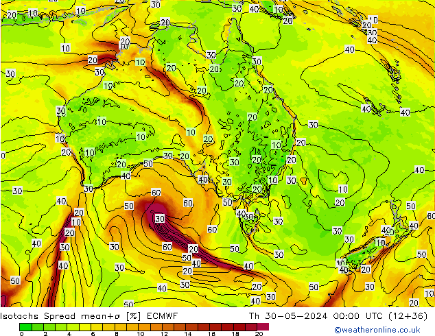 Izotacha Spread ECMWF czw. 30.05.2024 00 UTC