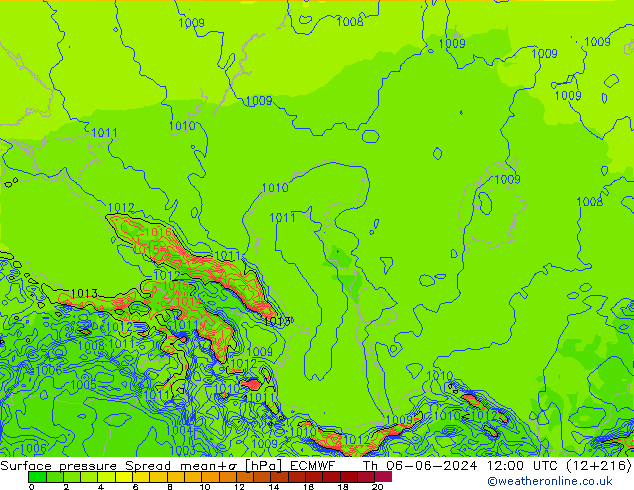 Surface pressure Spread ECMWF Th 06.06.2024 12 UTC