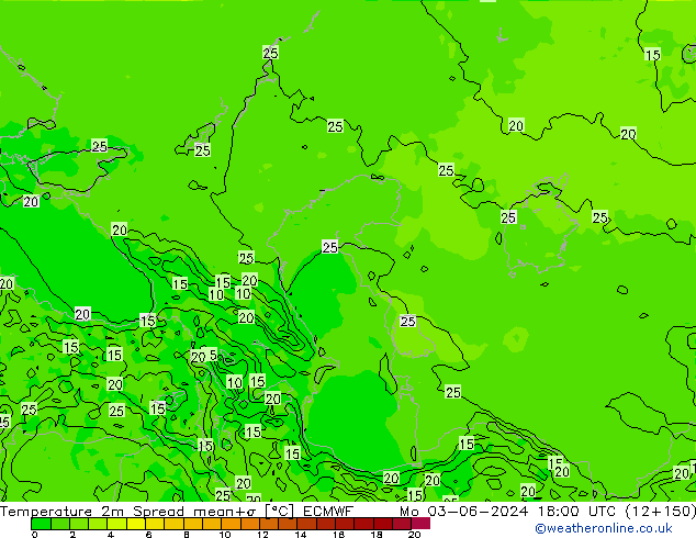 Temperature 2m Spread ECMWF Mo 03.06.2024 18 UTC