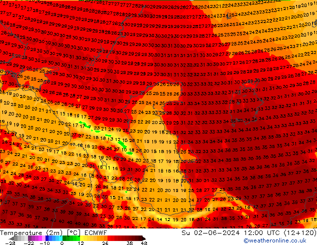 mapa temperatury (2m) ECMWF nie. 02.06.2024 12 UTC