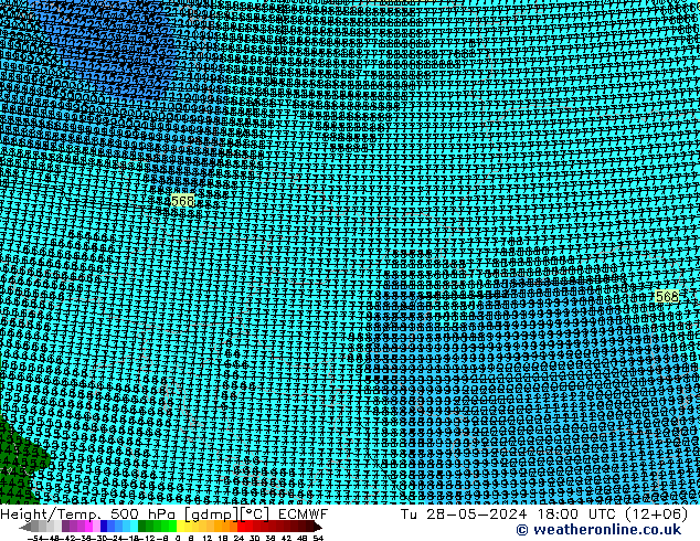 Height/Temp. 500 hPa ECMWF Út 28.05.2024 18 UTC