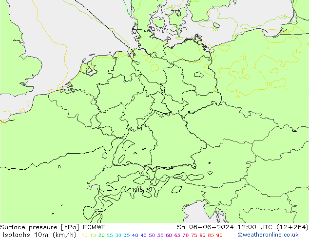 Isotachs (kph) ECMWF Sa 08.06.2024 12 UTC