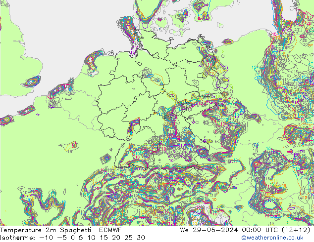 Temperature 2m Spaghetti ECMWF We 29.05.2024 00 UTC
