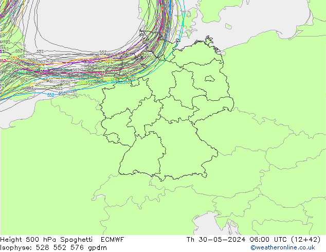 Height 500 hPa Spaghetti ECMWF Čt 30.05.2024 06 UTC