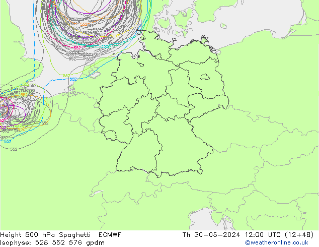 Height 500 hPa Spaghetti ECMWF  30.05.2024 12 UTC