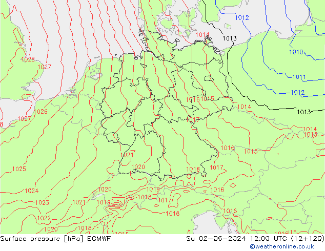 Atmosférický tlak ECMWF Ne 02.06.2024 12 UTC